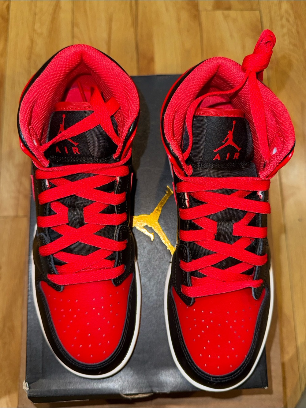 Air Jordan 1 Mid Youth Red and Black Mid-Top Sneakers - Picture 5 of 11